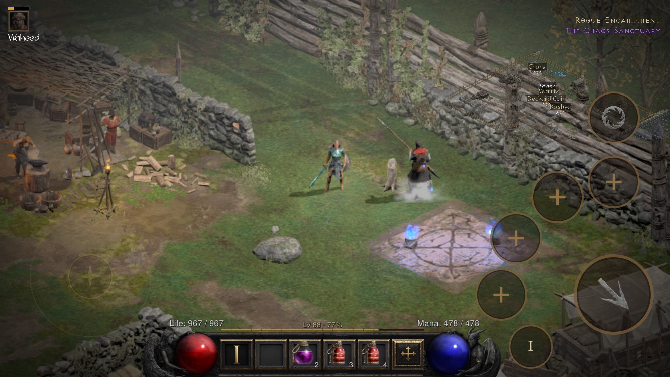 Camp view with the potion belt, mercenary portrait and minimap