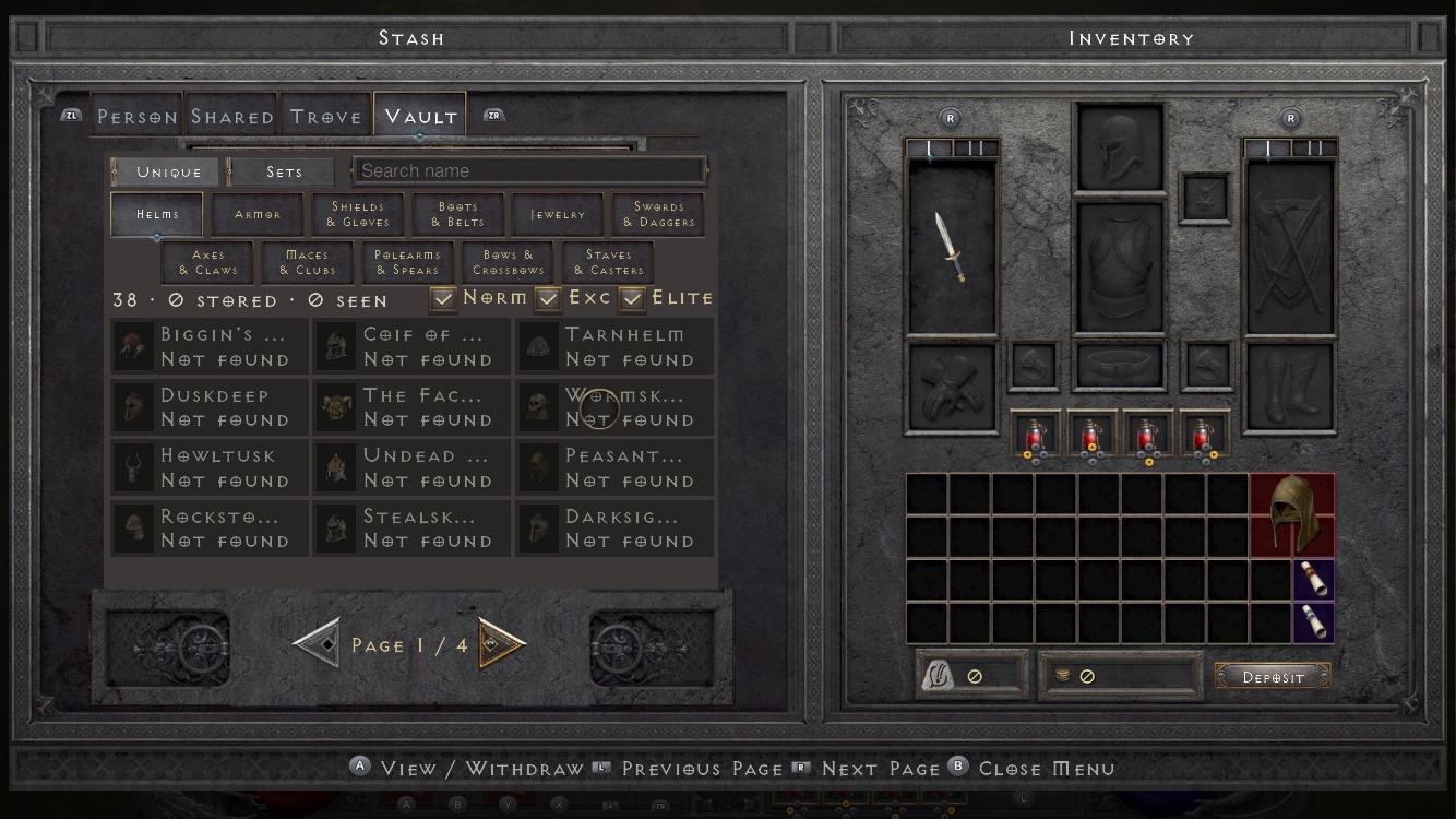 Navigating the stash with a controller, button prompts at the bottom
